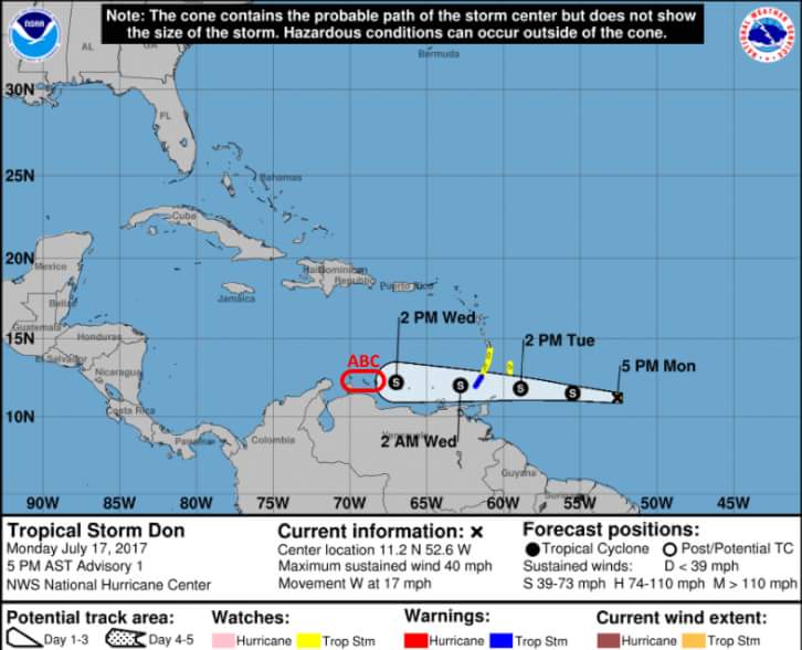 La tormenta tropical "Don" avanza hacia el este en el Caribe